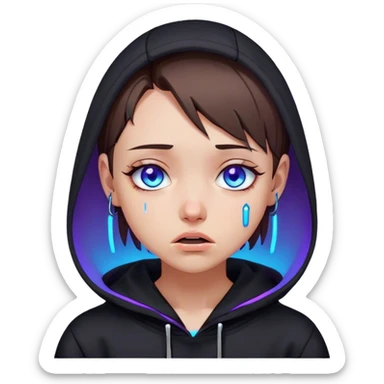 a girl with a brown bob and blue eyes in a black hoodie is crying Cyberpunk style. Violet neon. sticker