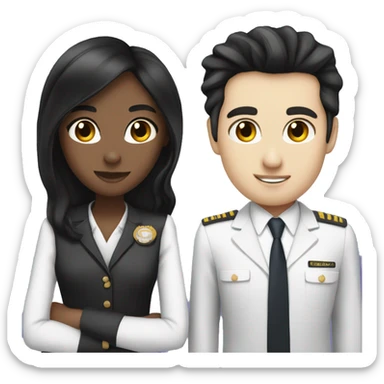 Flight attendant with long black hair and white skin with a pilot man with black hair sticker