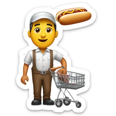 hot dog vendor holding a hot dog in his hand with a cart in the background with a white background sticker