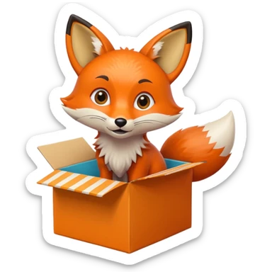 playful fox with big eyes in a colorful box, gazing upward, emoji style sticker