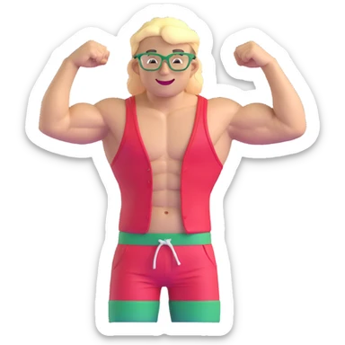 Man with black and white cap, bare torso, red shorts, clear glasses, messy light blond mullet hairstyle, smiling and flexing muscles sticker