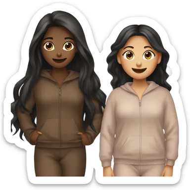 Two girls  sleepover both tan skin  one girl has short dark brown hair and the other has long black hair both matching brown pajamas  ￼ sticker