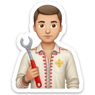 Ukrainian man with traditional embroidered shirt (vyshyvanka) holding a metal spanner wrench and red scissors sticker