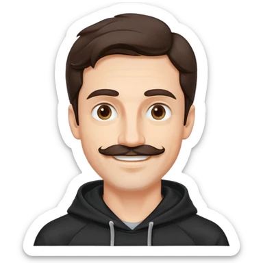 Slim Hombre caucasian, cara alargada, bigote fino, cejas arqueadas, pelo castaño oscuro ondulado. Sonrisa leve, expresión suave-alegre. Hoodie negro. sticker