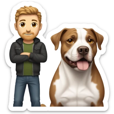white male with dark brown hair and a lightly scruffy beard shadow standing alongside a white and brown pitbull sticker