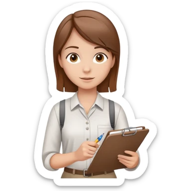 Intern or volunteer with brown hair holding a clipboard and pencil, ready to take notes or assist. The character wears a simple shirt and has an eager posture sticker
