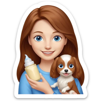 long hair chestnut color blue eyes woman holding small cream dog sticker