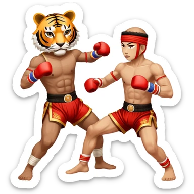 A fierce Muay Thai fighter wearing traditional mongkhon headband and elbow/knee wraps, in fighting stance with a tiger-like intensity, compact and stylized, with gold and red accents sticker