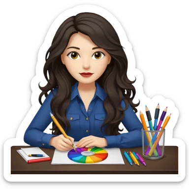 female dark wavy long hair graphic designer , color wheel, pens, papers , desktop sticker