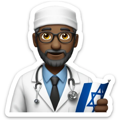 rabbin with Sidelocks holding israel flag in his hands while wearing a doctor white coat with a stethoscope  sticker