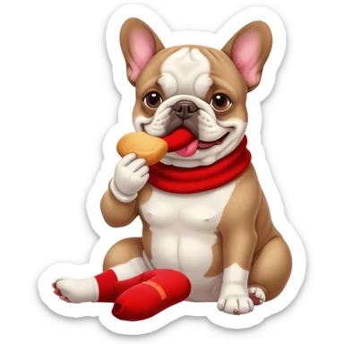 French bouledogue dog eating a red sock sticker
