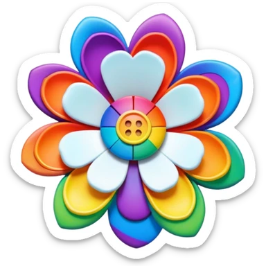 A bezeled psychedelic colored button with a rainbow colored 3D flower in the center sticker