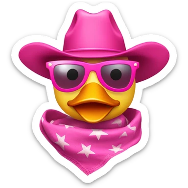 Rubber ducky wearing a pink cowboy hat, pink sunglasses, and a pink bandanna around its neck  sticker
