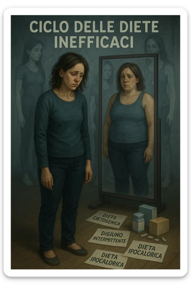 Donna tra i 30 e i 40 anni, in piedi davanti a uno specchio, con espressione delusa e stanca. Accanto a lei, sul pavimento, scatole di integratori, foglietti con scritte tipo 'Dieta chetogenica', 'Digiuno intermittente', 'Dieta ipocalorica'. Riflesso nello specchio mostra una versione di sé con peso aumentato, come se fosse tornata indietro nel tempo. Attorno a lei, immagini sbiadite o sovrapposte di sé in passato, quando era dimagrita. Atmosfera emotiva, simbolica, con luce fredda e sfumature di frustrazione. Messaggio visivo forte: 'ciclo delle diete inefficaci' in italiano sticker