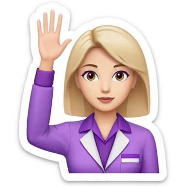 A woman raising her hand, wearing a purple beauty salon work uniform with a professional appearance sticker