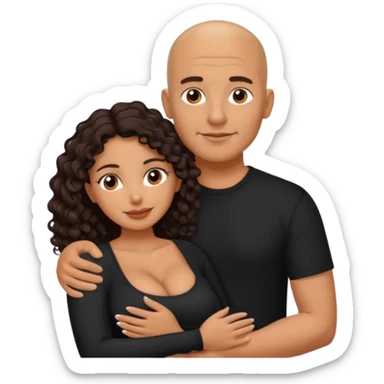 A picture of an embracing tanned couple. the man is a Mexican man with tanned skin, with a bald hair cut, and wearing a black shirt. the woman is mixed, with glasses,  with long curly dark brown hair and with big boobs. Remove the glasses from the guy sticker