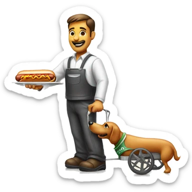 hot dog vendor holding a hot dog in his hand with a hot dog cart in the background with a white background sticker