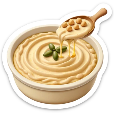 Cinematic Realistic Hummus Dish Emoji, depicted as a creamy chickpea dip drizzled with olive oil rendered with rich textures and warm, inviting lighting. sticker