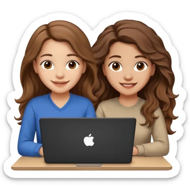 Cute female developer style sitting in front of laptop. No glasses, smiling with long hair waves. Light skin tone in early 20s. One black hair laptop sticker