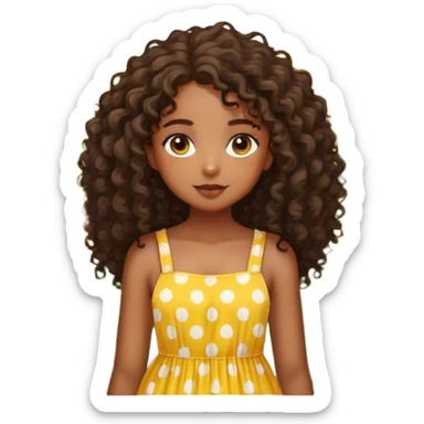Create an image of a young beautiful black girl with detailed features. She has curly hair cascading down her shoulders and striking, large hazel eyes. She is wearing a yellow sundress with white polka dots. She is standing in a field full of sunflowers sticker