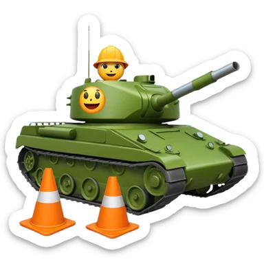 green military tank rolling over a traffic cone with a face, emoji style sticker