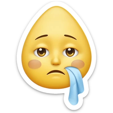 yellow emoji face with sad expression, large teardrop under one eye, white tissue wiping the tear held close to the face, simple white background sticker