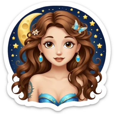 flirty moon fairy woman long wavy brown hair tattoos wink sparkle sticker