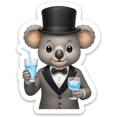 koala wearing suit, bowtie and top hat, holding glass of water sticker