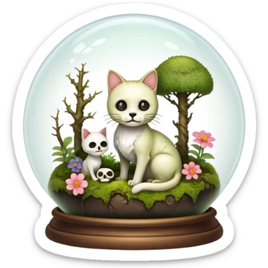 Mystical woodland glass-dome-terrarium-globe with moss inside, with and an cat-skull inside, and flowers inside  sticker