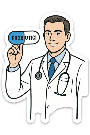 Dottore con pillola in mano chiamata PROBIOTICI sticker