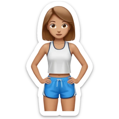 sporty and fit girl with light brown hair in shorts and with a beautiful face sticker