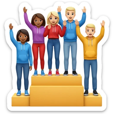 winners’ podium with multi-racial people, middle step higher, no numbers, fun colorful clothes like jeans t-shirts and hoodies, excited fun expressive emoji style sticker
