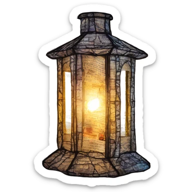 Glowing lantern Shakespeare made of newspaper and bokeh fairy lights, stained glass, fairy lights, bokeh, annotated sketch, handwritten letters, collage of intricate patterns, lantern, bokeh sticker