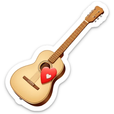 “Flat vector icon of a Cuban tres guitar in three-quarter view, warm brown, thick outline, centered on a warm cream or beige rounded-square (or circle); near the soundboard add a small red or pink heart with a soft glow and 2–3 tiny sparkles to suggest ‘soul’.  sticker