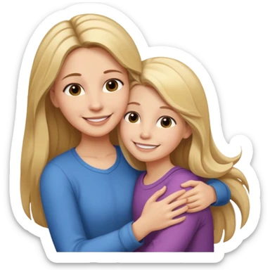 A beautiful mother with long brown hair hugging her cute 12yr old blonde hair daughter super happy sticker