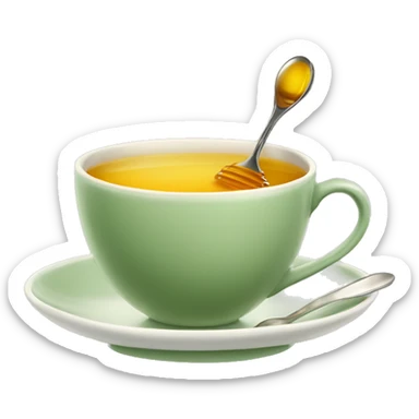 Sage green tea cup with spoon on plate with honey sticker