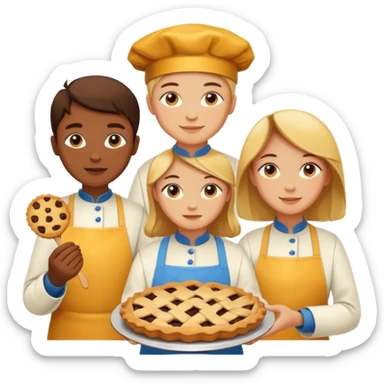 Baking community humanless avatar in vibrant style illustration. Pie, cookie, and muffin warm golden tones, simple shapes, flat design, high contrast. sticker