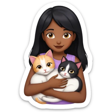 happy black haired girl hugging 3 cats  sticker
