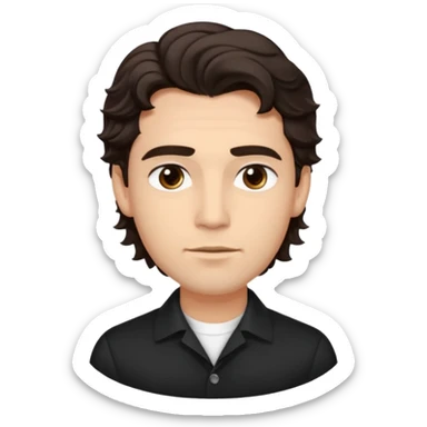 He’s a man with light to medium skin, a defined oval face, full brows, deep-set eyes, and wavy short dark brown tall hair styled with height, sides are trimmed. expression calm and focused relaxed black open-collar .polished, articulate, and coach vibe. sticker