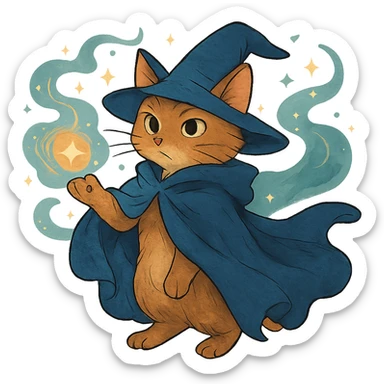 ghibli style wizard cat with a flowing cloak and magical aura sticker