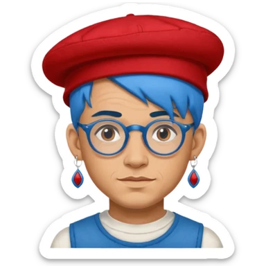 unique looking tourist with big unique red tourist felt hat and earrings, man with lots of tattoes and spectacles, blue hair showing sticker