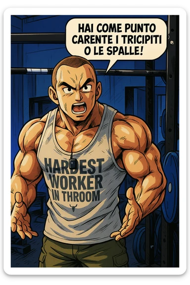 Personal trainer che dice al suo allievo, "hai come punto carente i tricipiti o le spalle!" Stile manga di Dragon Ball sticker