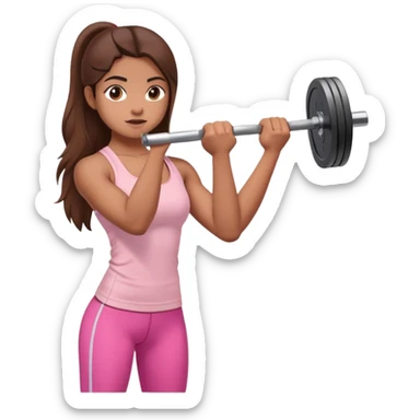 a north-east indian girl with long brown hair wearing a soft pink gym top lifting a barbell doing a shoulder press sticker