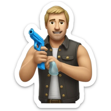 Man with a water pistol pretending to play Russian roulette as a joke sticker