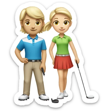 Blonde Caucasian little boy and brunette Caucasian little girl golfing with blonde golf coach sticker