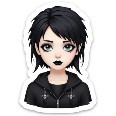 trad goth girl with messy black hair trad goth make up white skin and black trad goth clothes sticker