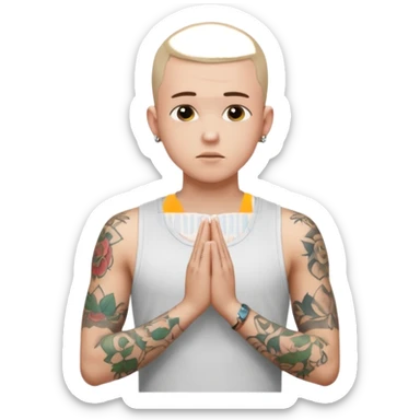 A 20 year old white man with a buzz cut and tattoos all over his arms and chest. Pleading face with hands praying wearing a white tanktop sticker