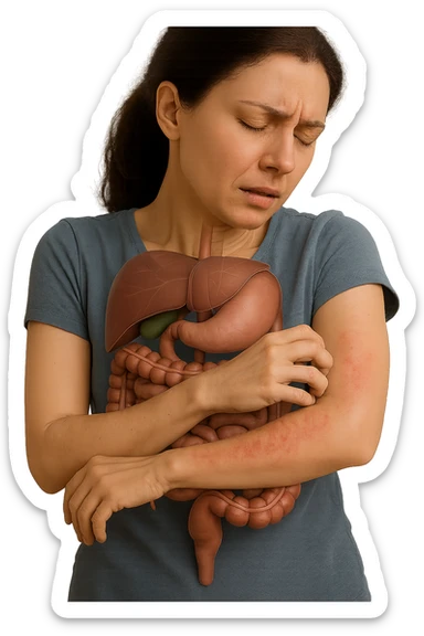 donna con intestino umano anatomico realistico che si gratta il braccio su cui ha un'eritema, iperrealistica 4k sticker