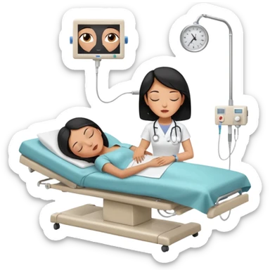 A black-haired woman in her 50s lying on an examination bed with eyes closed, shown in a wide, full-body shot in a clean colonoscopy procedure room. Only the patient is visible. sticker