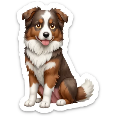 cinematic-[australian shepherd dog]-realistic-full-body-sitting-emoji,-tail-resting-loosely-beside-its-paws,-head-tilted-dramatically,-scruffy-[white and red merle]-fur,-simplified-yet-realistic-focused-features,-highly-detailed,-glowing-with-an-almost-sarcastic-glow sticker